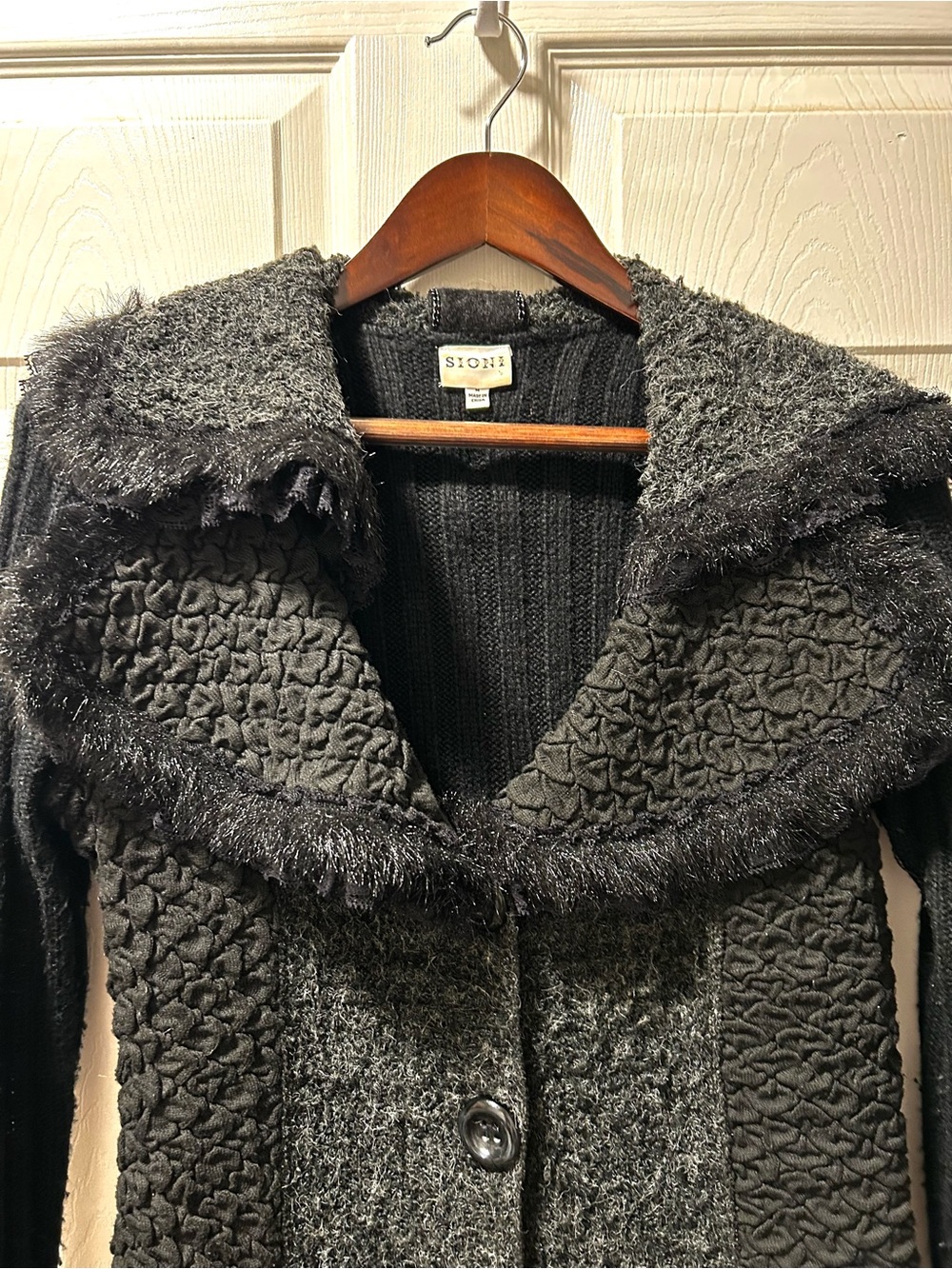 Sioni Black & Gray Textured Knit Trench Coat - Picture 4 of 5